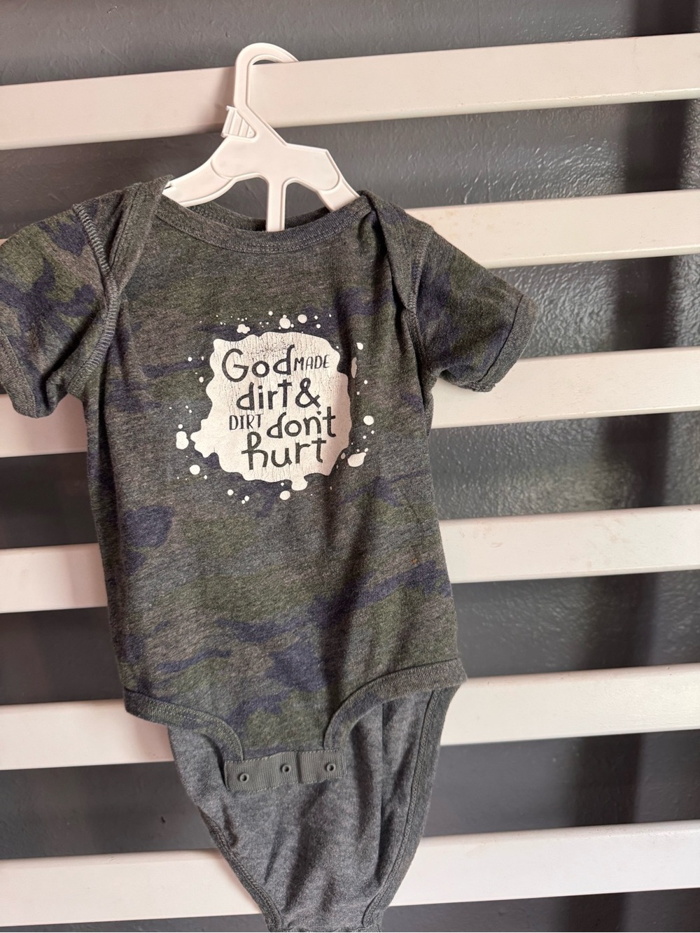 Baby gray Camo “God made dirt & Dirt don’t hurt” onesie